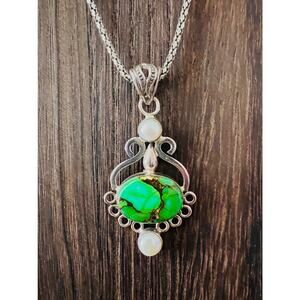 Vintage Sterling Silver Mojave Turquoise & Pearl Pendant 925 Boho 7g Green
